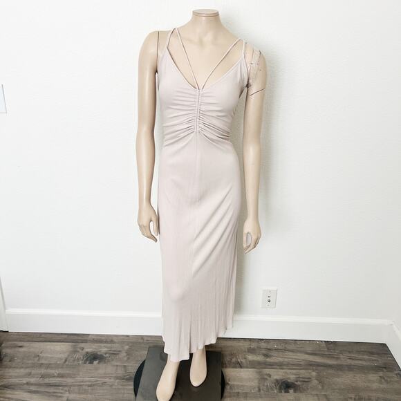 [VICI Collection] Beige Strappy Back State of Grace Ruched Midi Dress Size XL - Picture 2 of 10